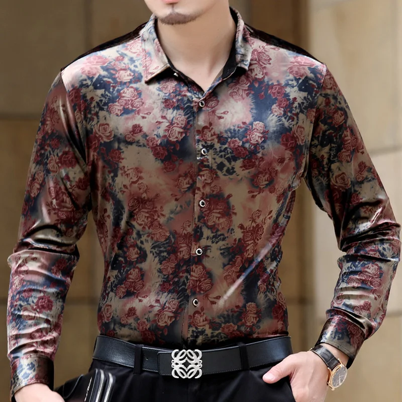 

High-Quality Men's Silk Business Dress Male Casual Long Sleeve Floral s Breathable Velour Soft Thin Men Shirt M-3XL