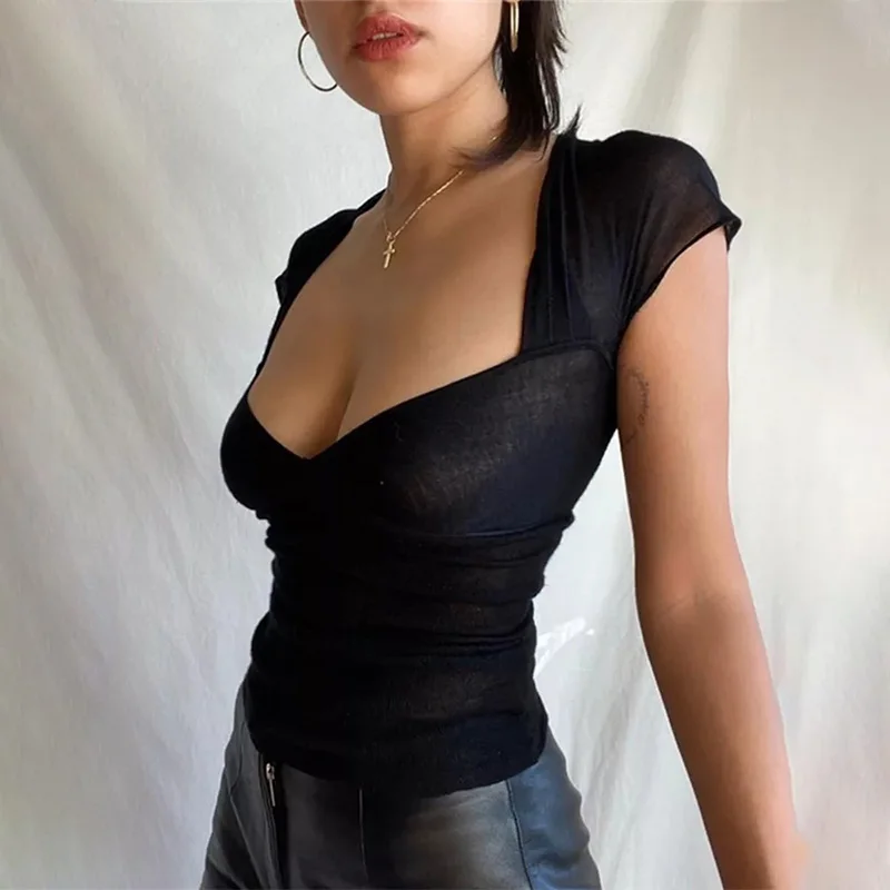 Женская летняя облегающая футболка с коротким рукавом и квадратным вырезом