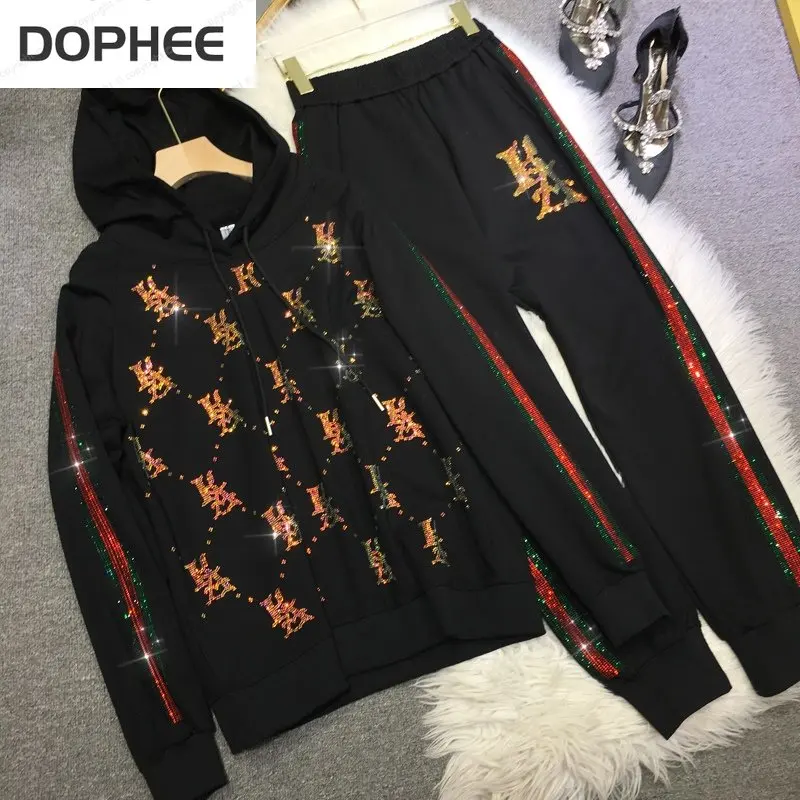 

Blingbling Hot Drilling Sweatpants + Sweatshirt Women Two-piece Set Trendy Colorful Letters Hooded Top Autumn Long Trousers 2022
