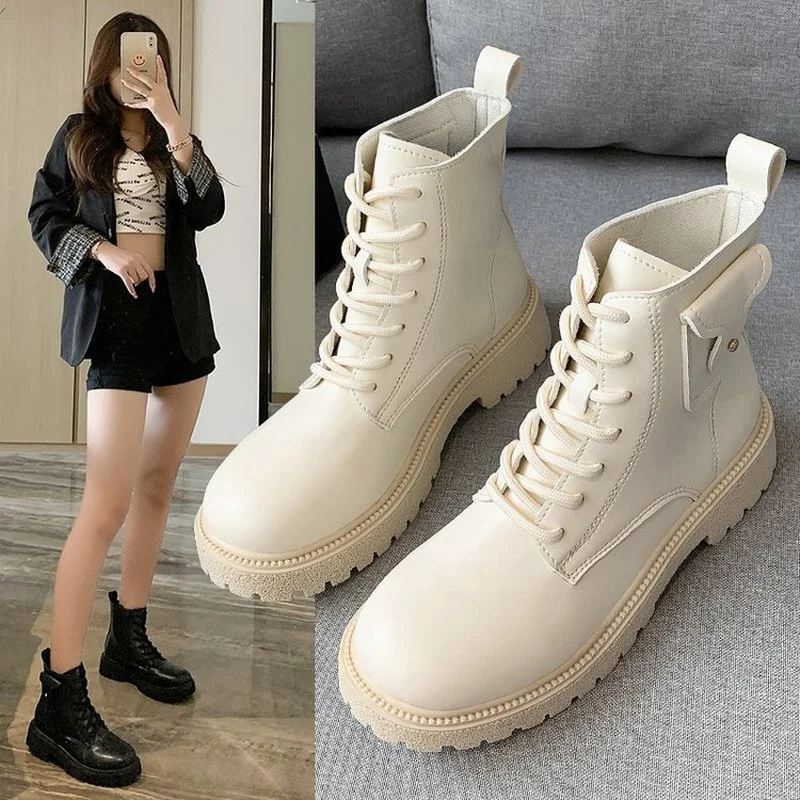 

Black White Boots Platform Women Shoes Round Toe Ankle Boots Fashion Lace-up Chunky Motorcycle Short Boots Women Mujer 2022