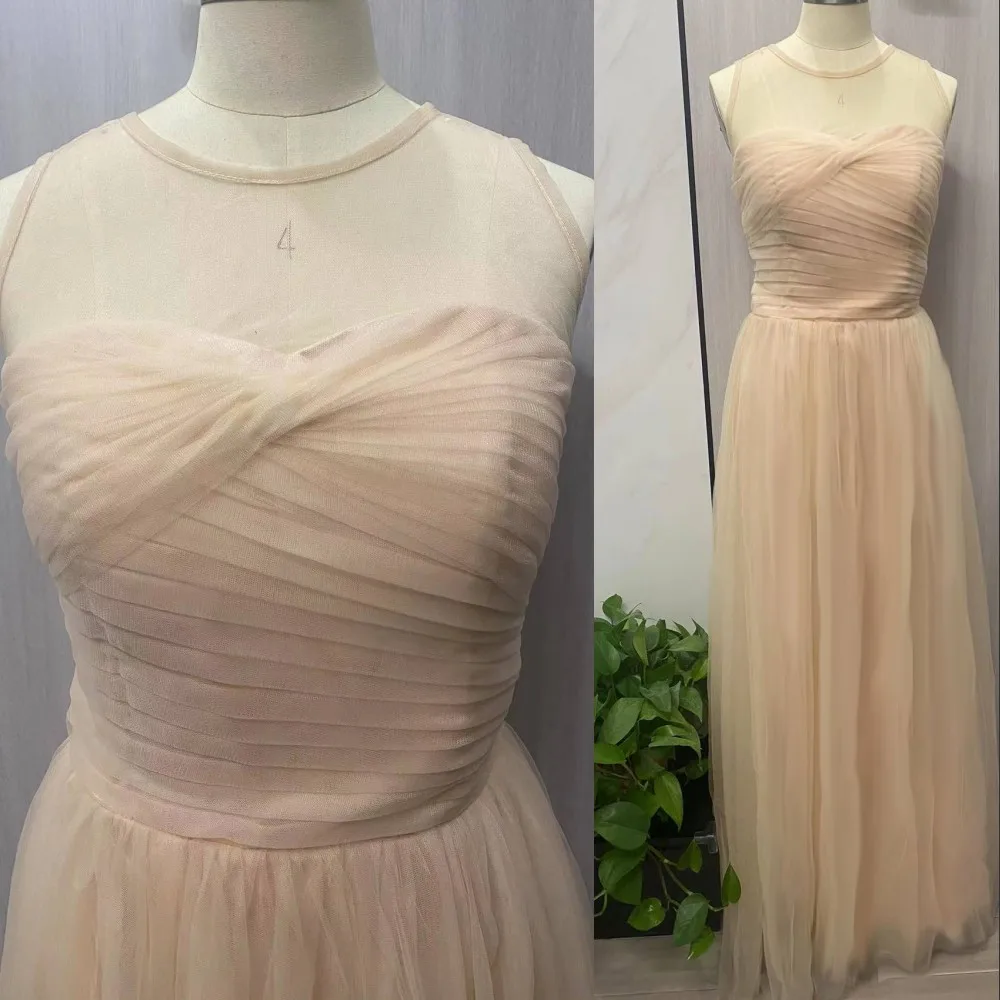 

Cheap Bridesmaid Dresses Blush Pink Tulle Illusion Jewel Neck Party For Wedding Guest Dress Open Back Floor Length