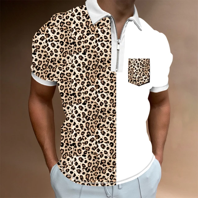 

Leopard Colorblock 3D Full Print Zip Polo Shirt Short Sleeve Streetwear Professional Athleisure Men's Plus Size