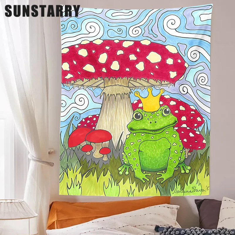 

Frog Mushroom Tapestry Wall Hanging Watercolor Cartoon Cute Tapestries Dorm Wall Carpet Boho Poster For Kids Room Decoration