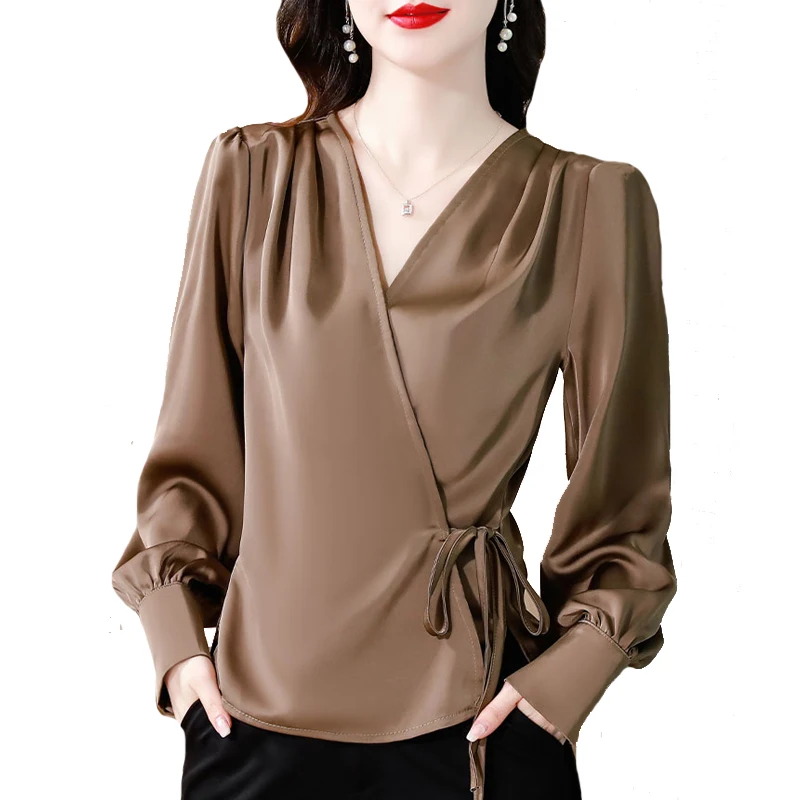 

M-4XL 2023 Autumn New Korean Women Shirt V-neck Lace up Long Sleeve Office Lady Tops Fashion Female Satin Blouse