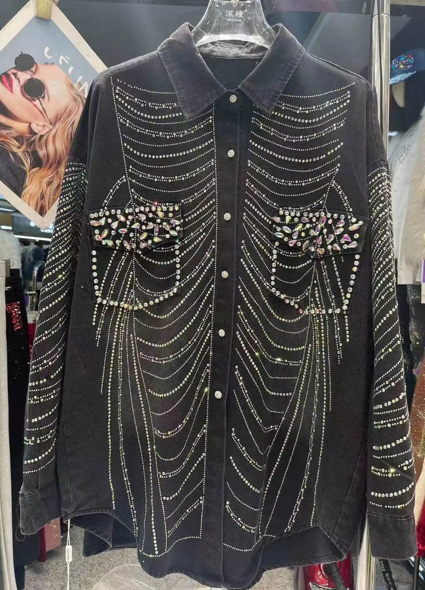 Роскошный стиль блестящие джинсовые блузки рубашки женские черные осенние