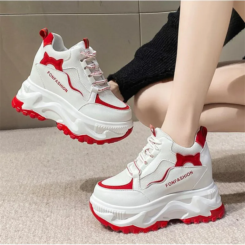 

Women High Platform Shoes 2022 Summer White Comfortable Chunky Sneakers Breathable Leather Wedges Casual Sport Dad Shoes Woman