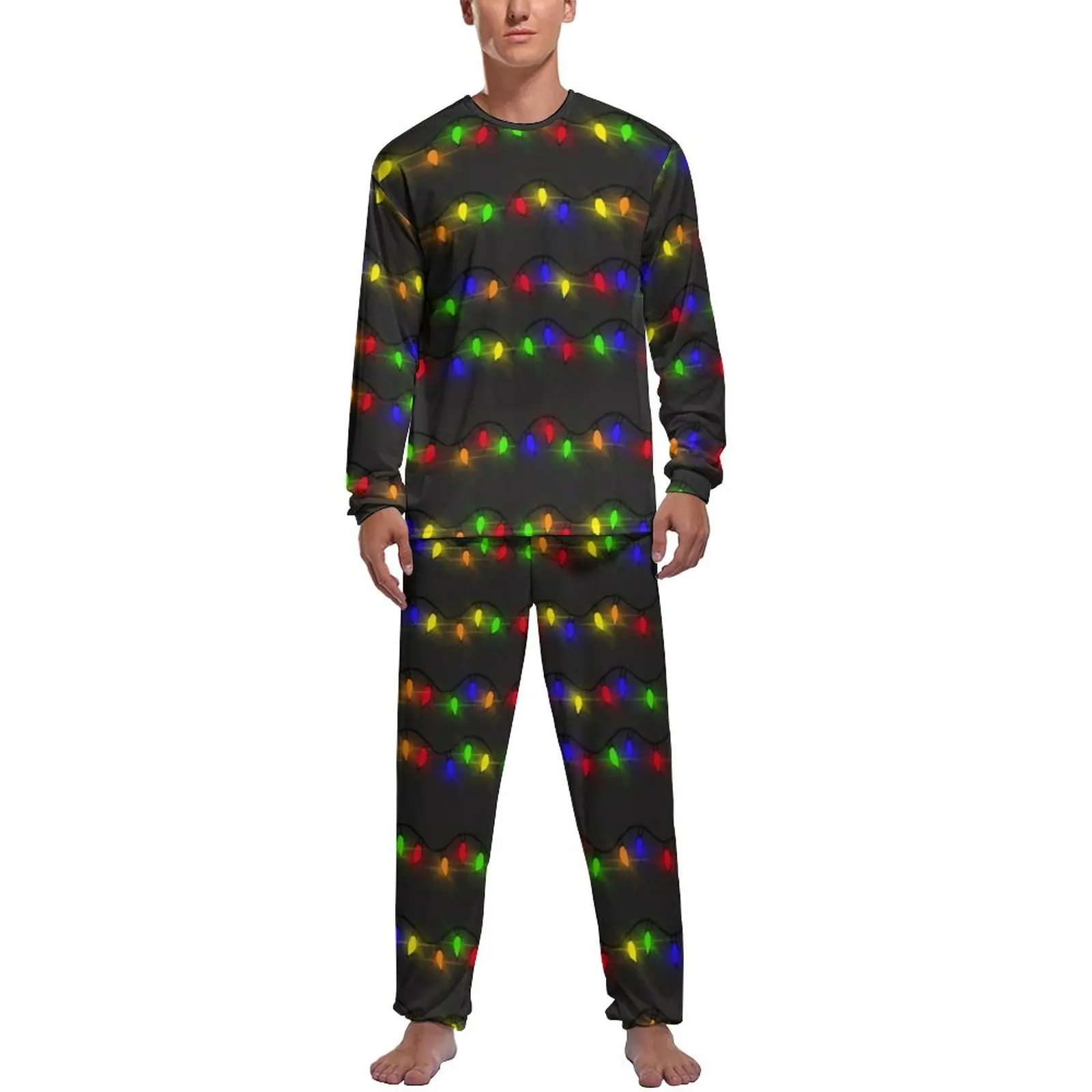 Christmas Lights Pajamas Men Colorful Print Warm Sleepwear Autumn Long Sleeve 2 Piece Casual Printed Pajama Sets