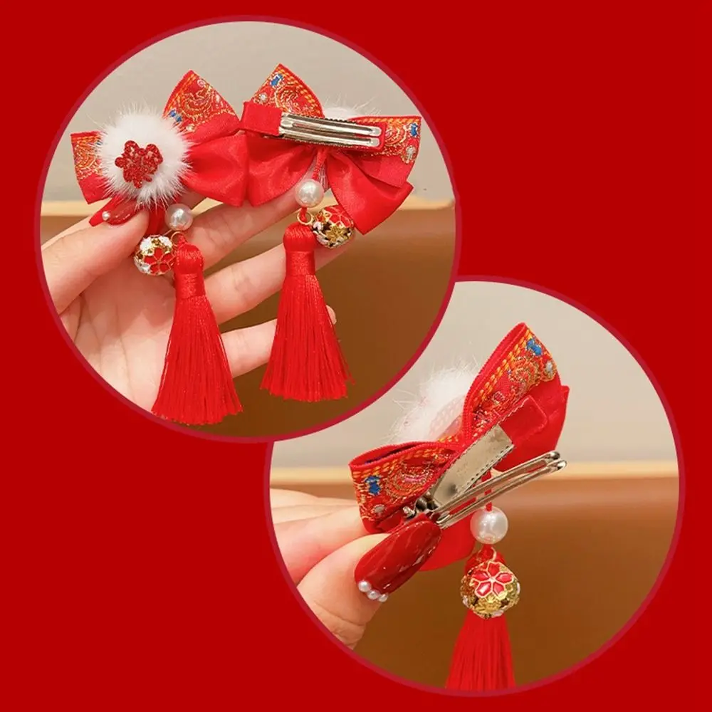 Детская заколка для волос с кисточками и красным бантом плюшевая в старинном