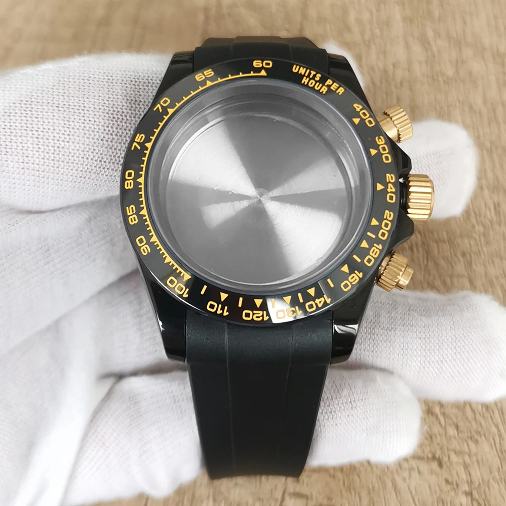 Watch accessories 39MM gold black steel case rubber strap sapphire glass fit quartz VK63 movement enlarge