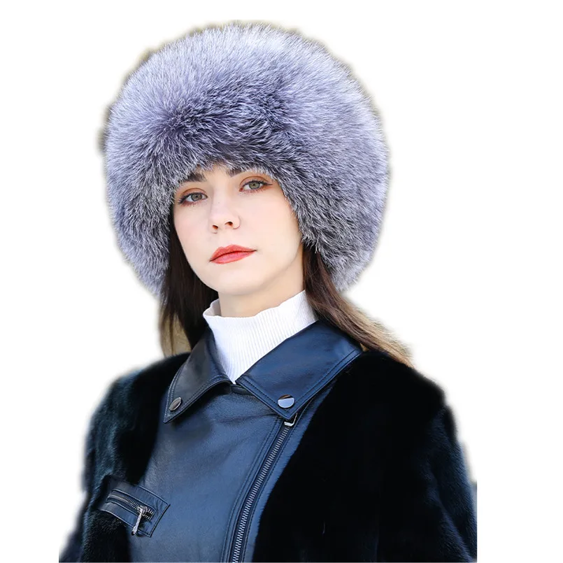 Fashion Real Silver Fox Fur Hats Winter Russian Cap for Women Natural Fox Fur Bomber Hat with Tassel Fluffy Popular Russian