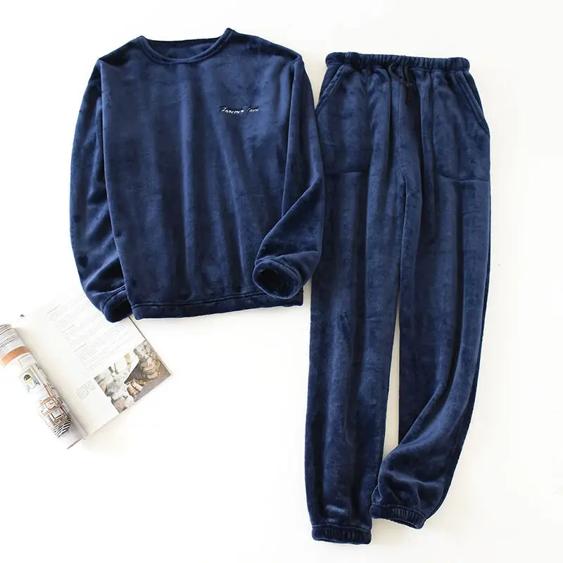 Winter Long Sleeve Thicken Warm Pajama Sets For Men Coral Flannel Male Comfortable Sleepwear Suit Sleeping Top And Trousers Set