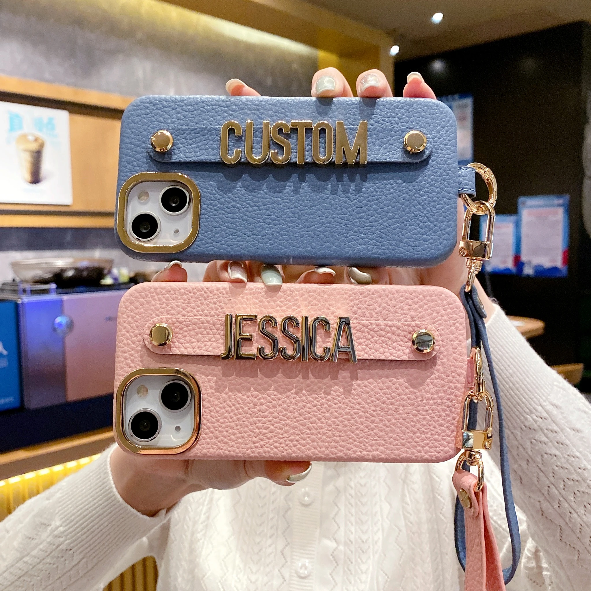 Personalise Name Strap PU Lychee Leather Phone Case For iPhone 11 12 13 14 Pro Max Plus Lanyard Diamond Metal Letter Cover