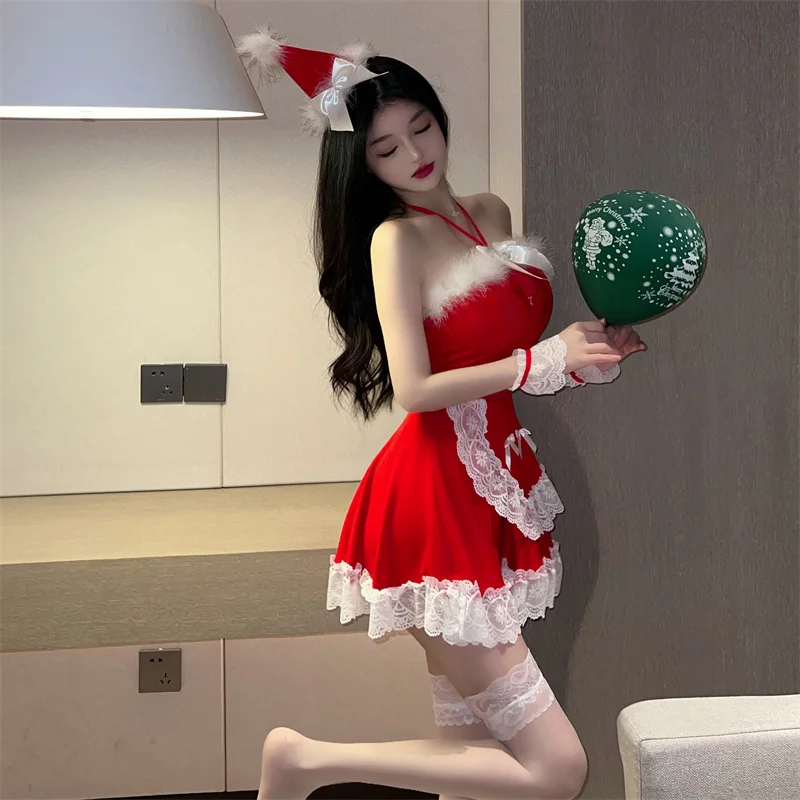 

Christmas Red Santa Claus Women Lace Miniskirt Maid Uniform Strapless Dress Sexy Underwear Party Costume Holiday Gift Set