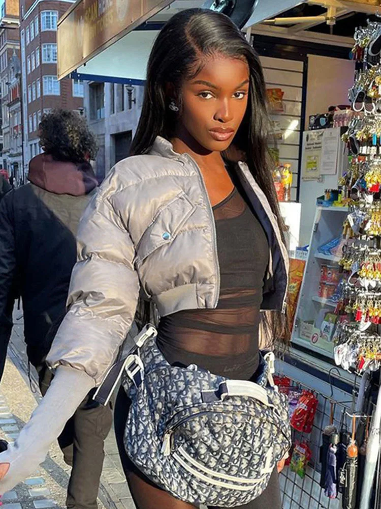 Sifreyr Autumn Winter Parkas Warm Thick Short Down Jackets For Women Fashion Zip Up Long Sleeve Puffer Jacket Y2K Street Clothes