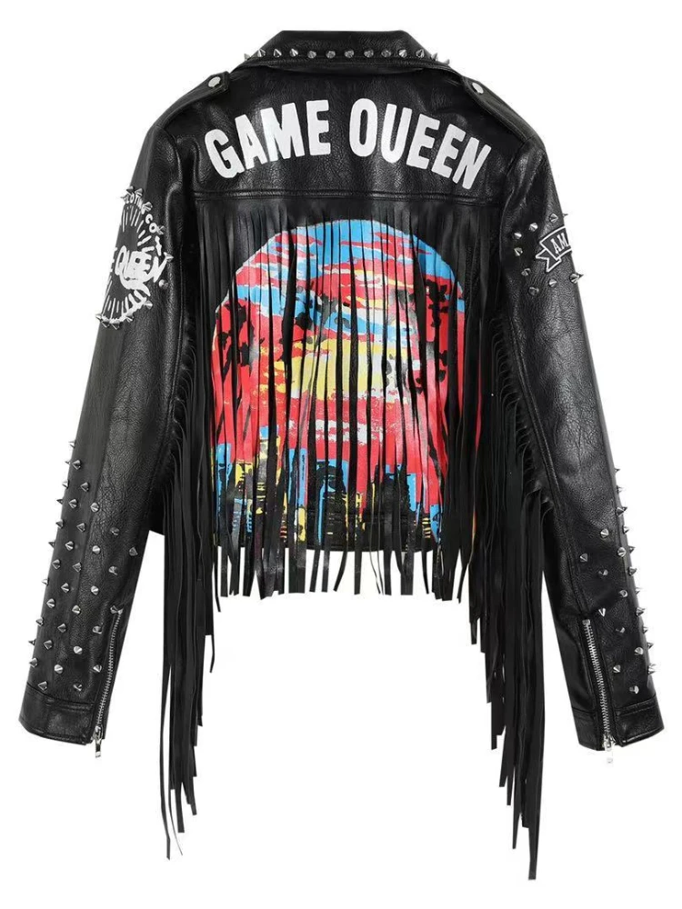 Streetwear Cropped Leather Jacket Vintage 2022 Autumn and Winter New Woman Letter Graffiti Printed Rivets Slim Fit Leather Coat