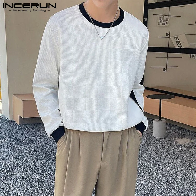 

INCERUN Tops 2023 Korean Style Men's Comfortable O-Neck Contrast Camiseta Stylish Male Panel Neckline Long Sleeve T-Shirts S-5XL
