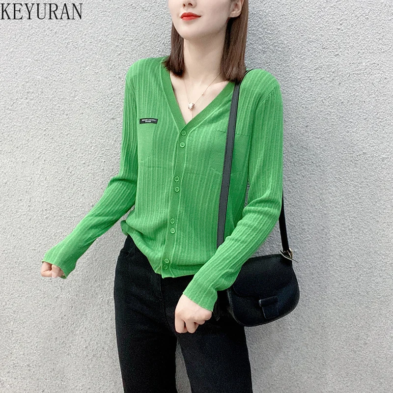 

Sweater Women's Cardigan 2022 Spring Autumn V-neck Long-sleeved Green Sweaters Woman Knitted Loose Coat Casual Jumper Outwear