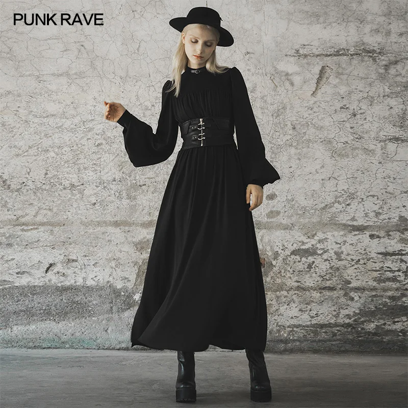 PUNK RAVE Women's Gothic Inner Short Skirt Party Club Women Dress Daily Dark Spliced Temperament Lantern Sleeve Long Dress
