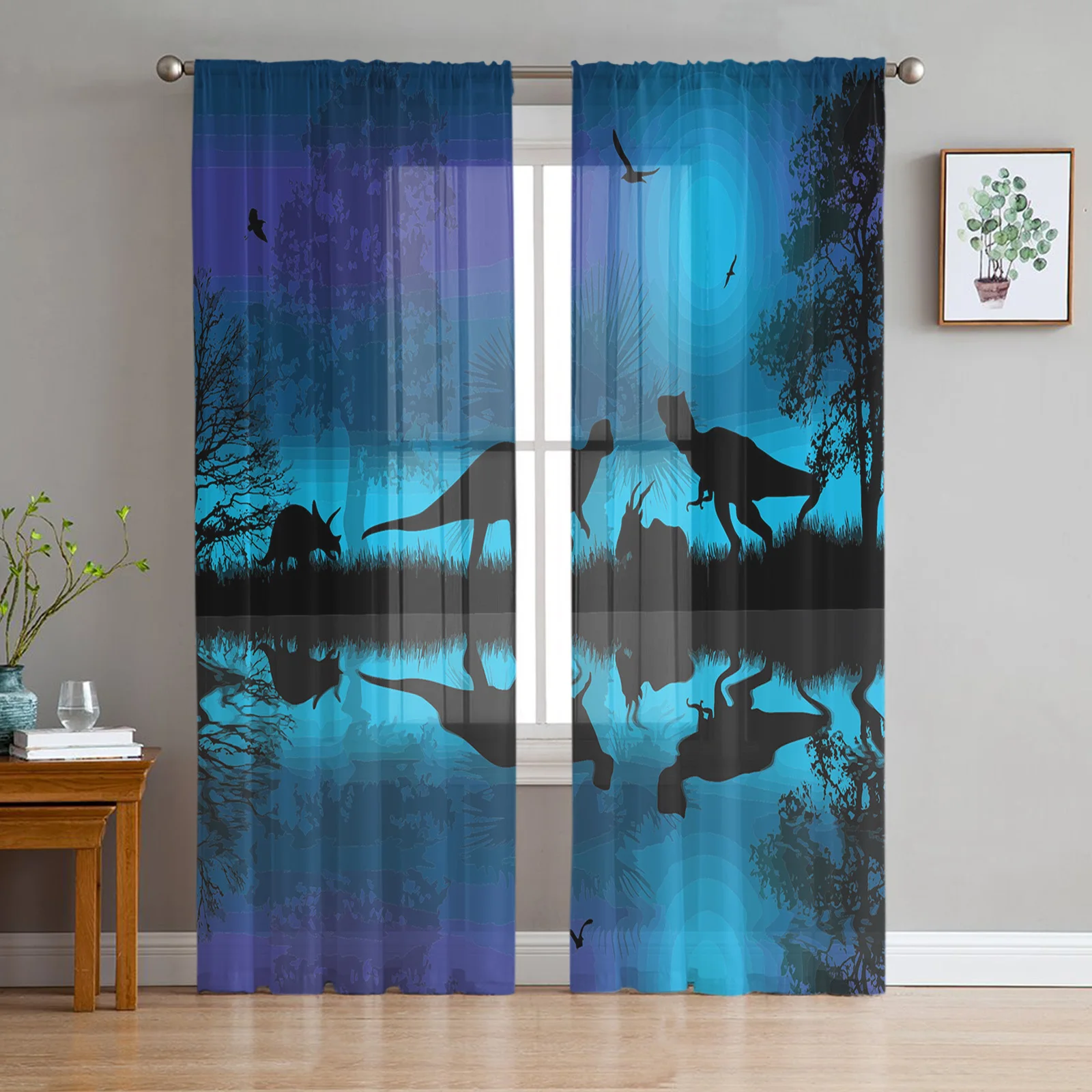 

Занавески из вуали с динозавром Луной и рекой для гостиной, занавески для дома, гостиницы, балкона, шифоновые тюлевые шторы для спальни, зана...