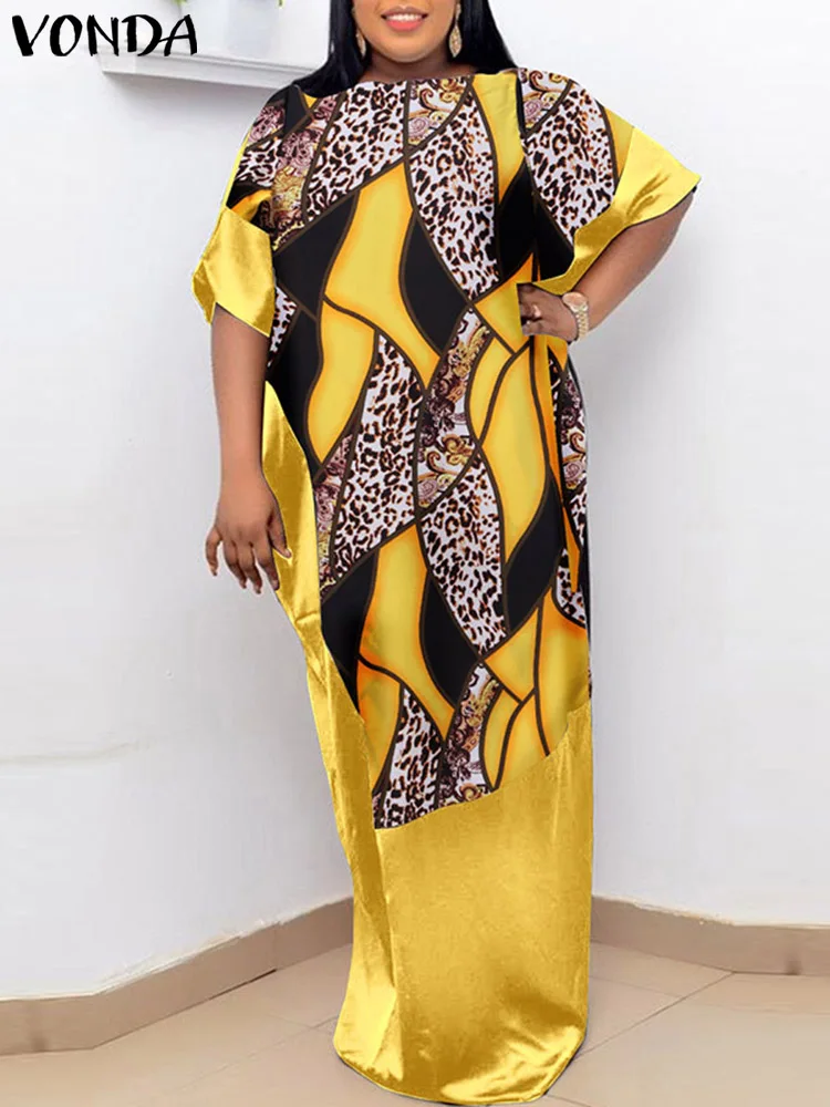 

VONDA Summer Women Maxi Dress Sexy Vintage Half Sleeve Floral Printed Bohemian Party Sundress Satin Slik Loose Casual Vestidos