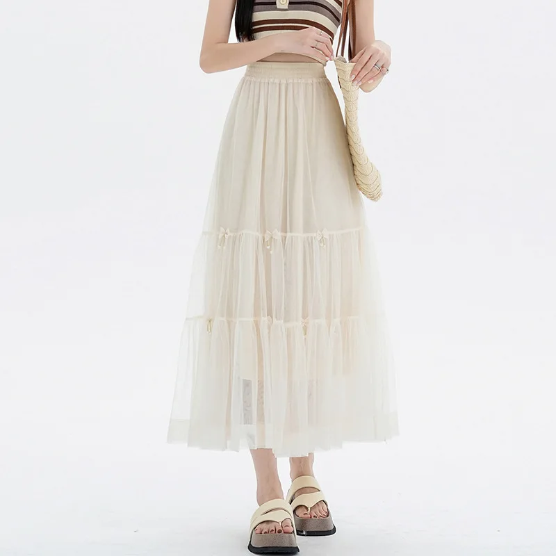 Повседневная однотонная тюлевая сетчатая юбка с бантом модная милая юбка-пачка