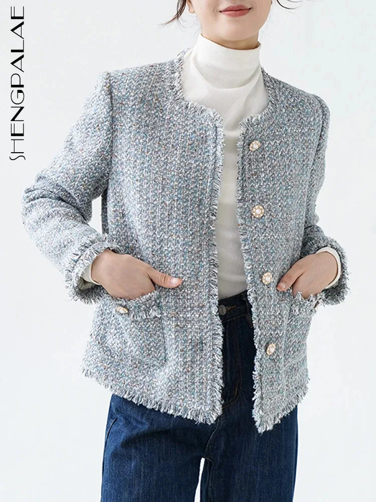 

SHENGPALAE темперамент твидовое пальто для женщин Мода o-образным вырезом однобортный заусенцы Женская куртка Осень 2023 новая верхняя одежда 5R7349