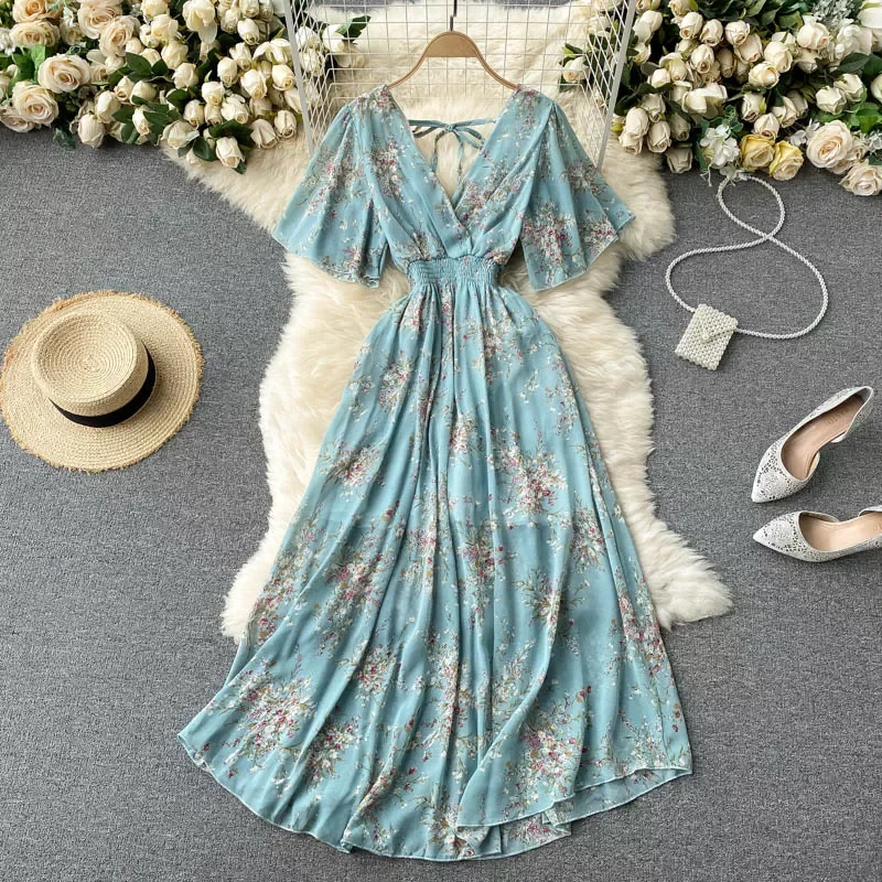 

SINGREINY Women Chiffon Floral Long Dress Korean V Neck Short Sleeve Ruched A-line Dresses Summer Bohemian Print Beach Dress