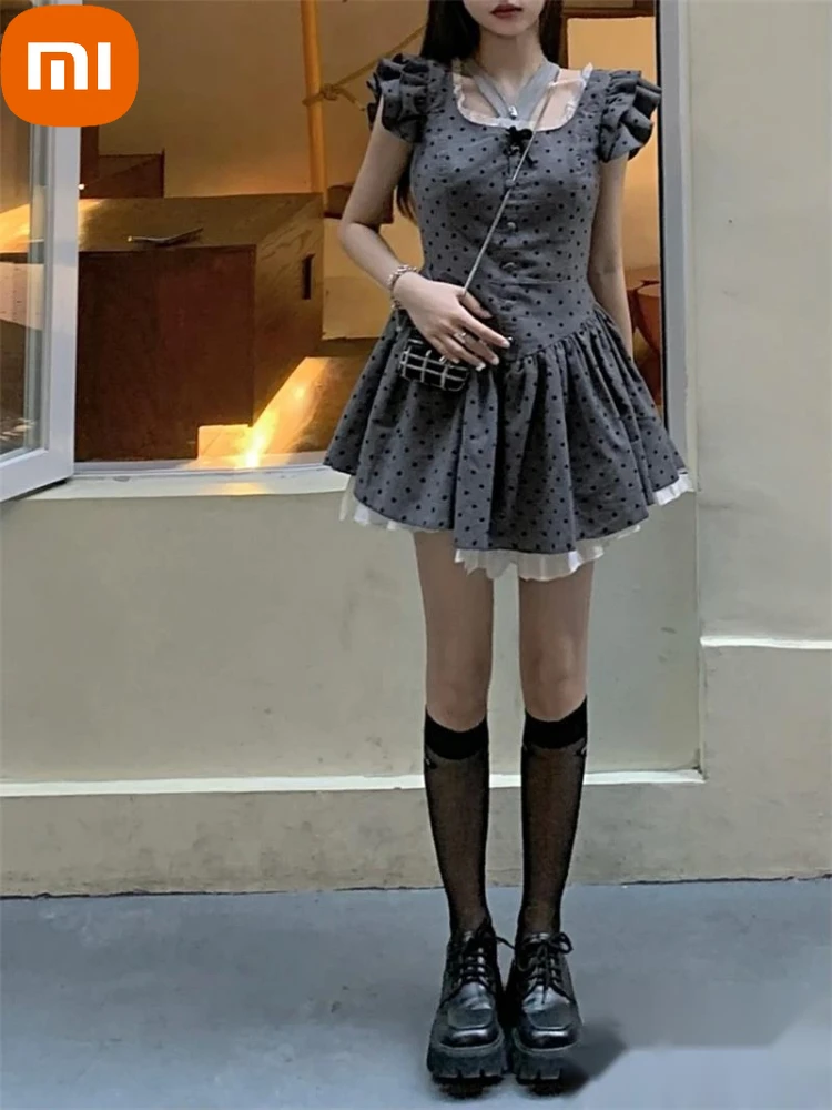 

Xiaomi Kawaii Dress 2022 Summer Women Sweet Preppy Style Mini Dresses Elegant Vintage Polka Dot Print High Street Female Robe