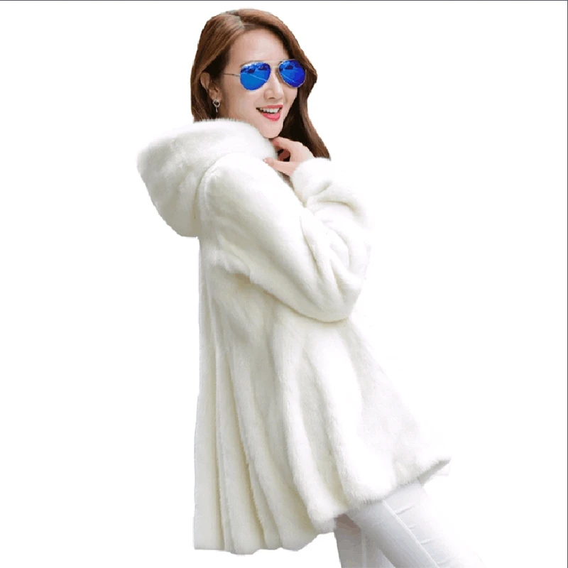 Winter Women Long Slim Mink Faux Fur Coat New Hooded Outerwear Fashion High End Warm Jacket Parka Top Female Clothing Loose 7XL