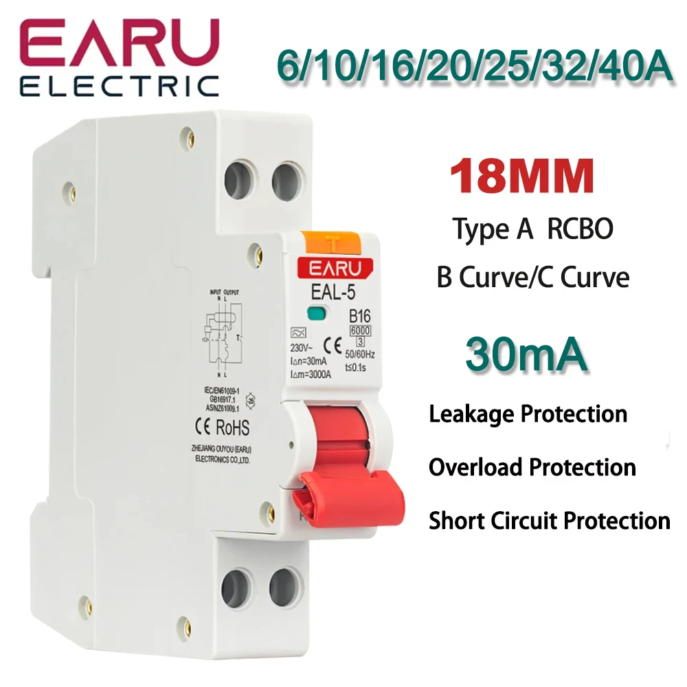 

EARUELECTRIC Автоматический выключатель остаточного тока RCBO 30 мА
