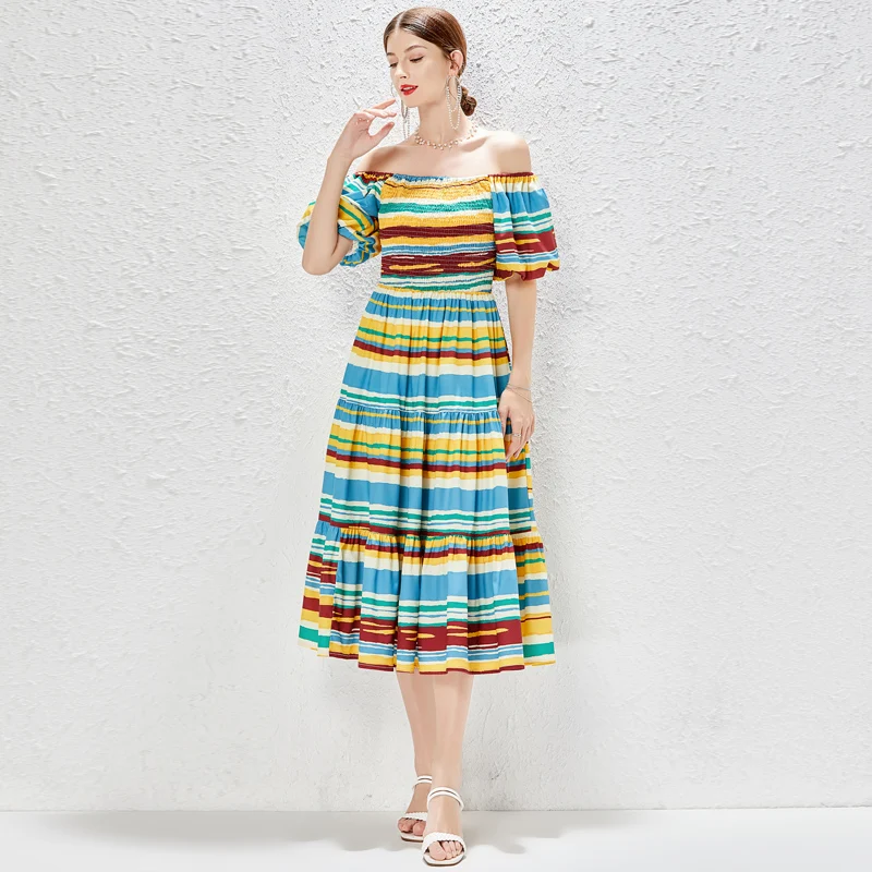 

SuperAen 2022 Fashion Slash Neck Puff Sleeve Color Stripe High Waist Big Swing A-LINE Mid-Calf Casual Dresses Women
