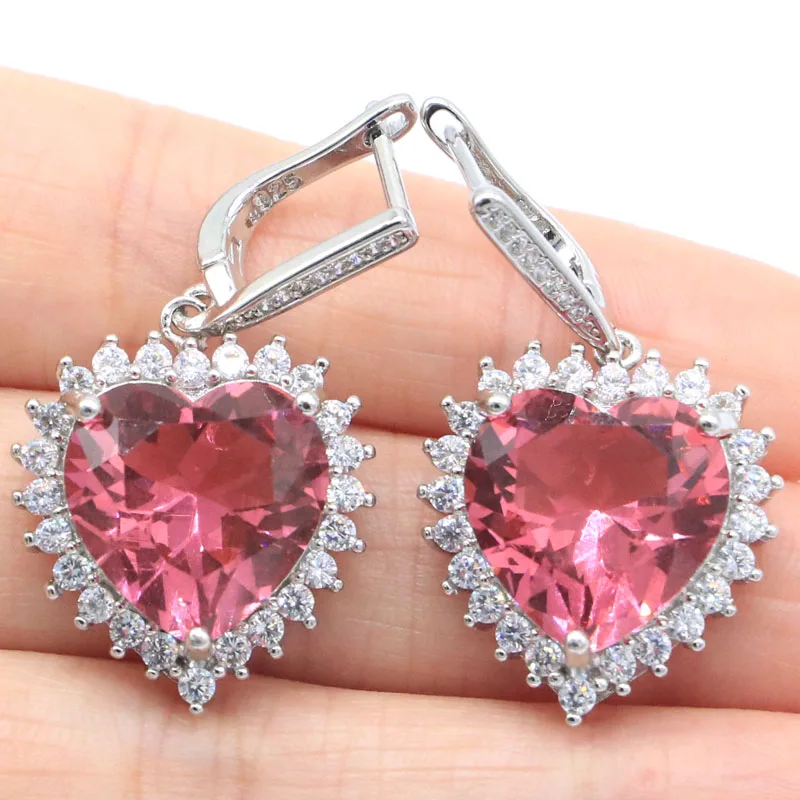 Уникальные женские серебряные серьги 37x19 мм в форме сердца с розовым морганитом и белым фианитом