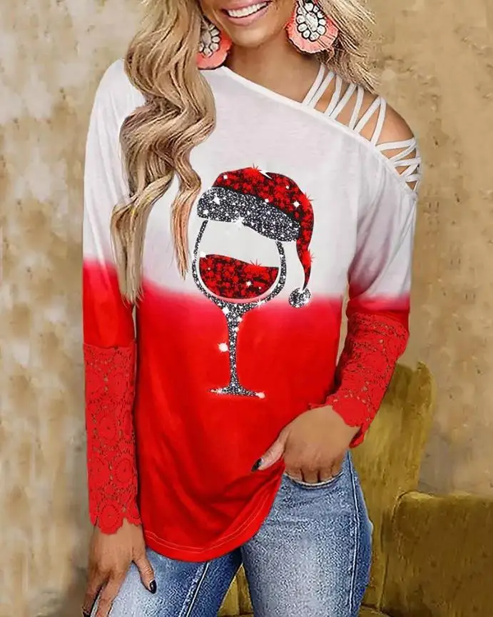 Купи Autumn New Christmas T-Shirt Fashion Wine Cup Print Contrast Lace Cold Shoulder Top Loose Off Shoulder Hollow Long Sleeve Shirt за 360 рублей в магазине AliExpress