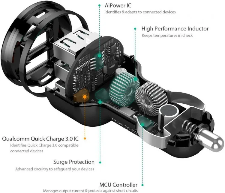 Автомобильное зарядное устройство Aukey 3-Port Car Charger with Quick Charge 3.0 42 Вт цвет Черный