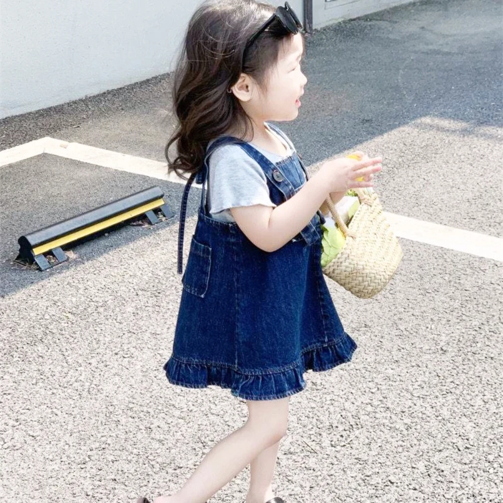 Girls Dress Denim Skirt Baby Girl Summer Casual Short-sleeved Vest + Suspender Skirt New Children's Clothing