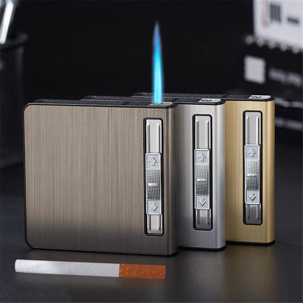 

Automatic Pop-Up Cigarette Case with Inflatable Lighter Holds 20 Cigarettes Anti-Pressure Metal Cigarette Case Gift for Men