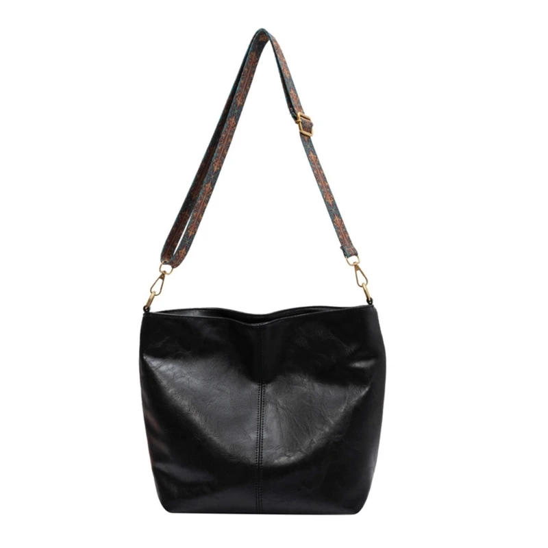 

Vintage Shoulder Bag Leathers Crossbody Bag Wide Strap Bucket Bag for Women Lady
