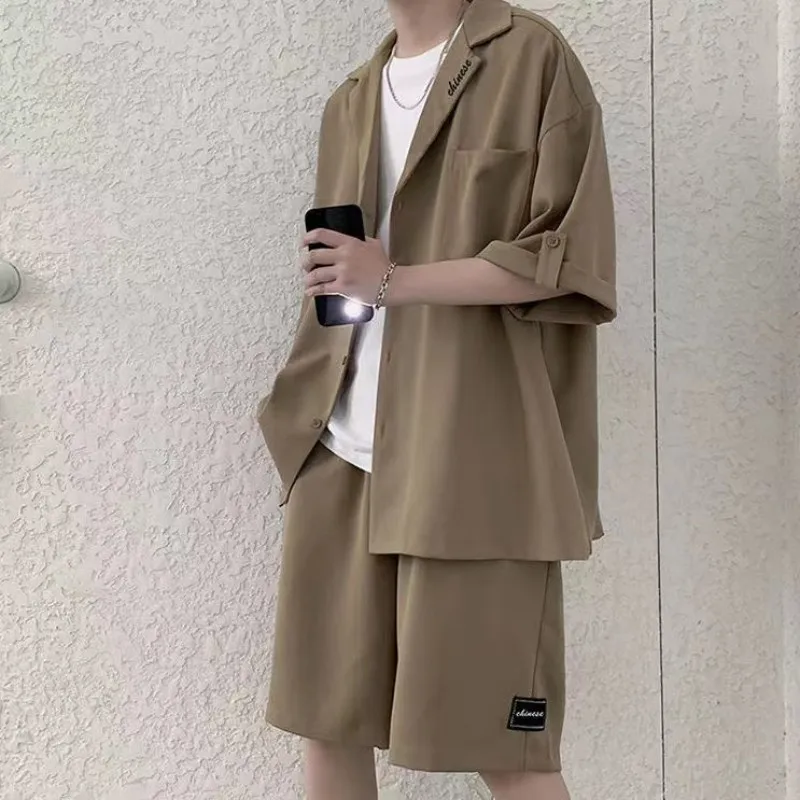 

2023 Summer Men's High Grade Streetwear Suit Sets Fashion Trendy Shirts Casual Khaki/Black Color Two-piece Clothes M-2XL