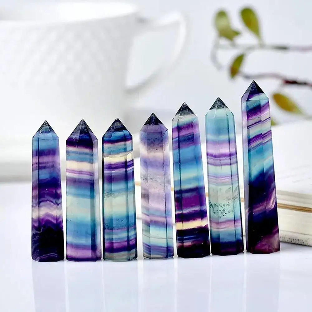 

1pc Natural Crystal Striped Fluorite Magic Point Energy Gifts Column Ornament Colorfull Crystal Stone Fluorite Hexag Y8i9