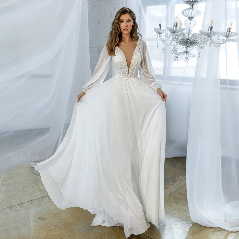 

Shine Chiffon Wedding Dresses For Woman Puff Sleeeves Summer 2022 Bridal Gown Corset Back Floor Length Sexy V Nevk Robe Mariage