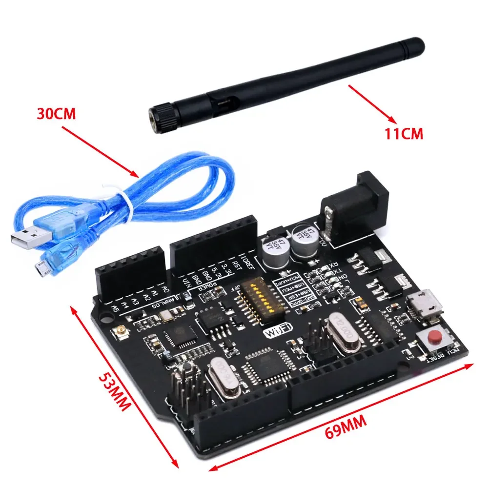 Фото UNO + Wi-Fi R3 ATmega328P + ESP8266 CH340 (32 МБ памяти) 6 В-9 В USB-TTL CH340G для Arduino NodeMCU WeMos макетная плата №3
