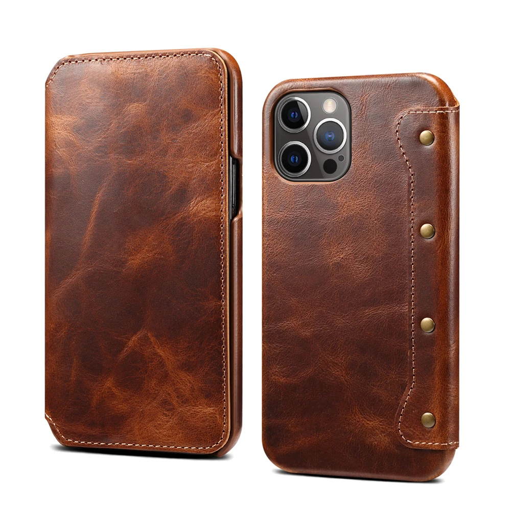 

For iPhone 13 2021 Case Retro Oil Wax Genuine Leather Flip Case Business Card Phone Bag Cover for Apple iPhone 13 Pro 6.1 inch