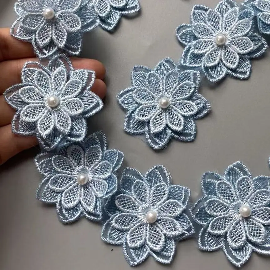 

12x 5cm Blue Double Layered Pearl Beaded Leaf Flower Embroidered Lace Trim Ribbon Fabric Patchwork Wedding Dress Sewing Craft