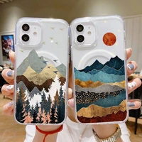 impasto landscape painting phone case for iphone 13 12 11 mini pro max transparent super magnetic magsafe cover