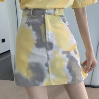 pocket design trendy tie dye high waist female a line short trendy printed bag pleated mini skirt korean fashion clothing