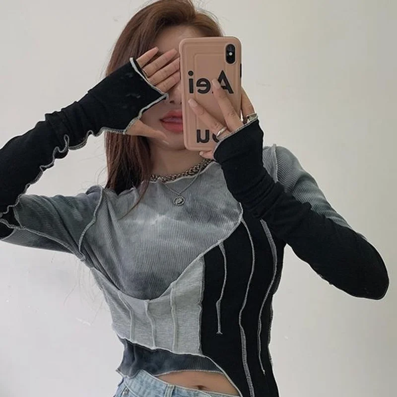 

N GIRLS Tie-dye Irregular T-shirt Women Sexy Slim Crop Top Chic Design Korean Style Long Sleeve T-shirt Spring Color Contrast