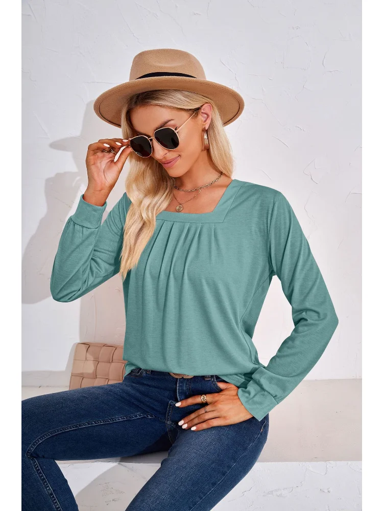 

Women’s U Neck Solid Long Sleeve T Shirts Autumn/Winter New Jacquard Loose T-shirt Top for Women Shirts High Street Chic Tops