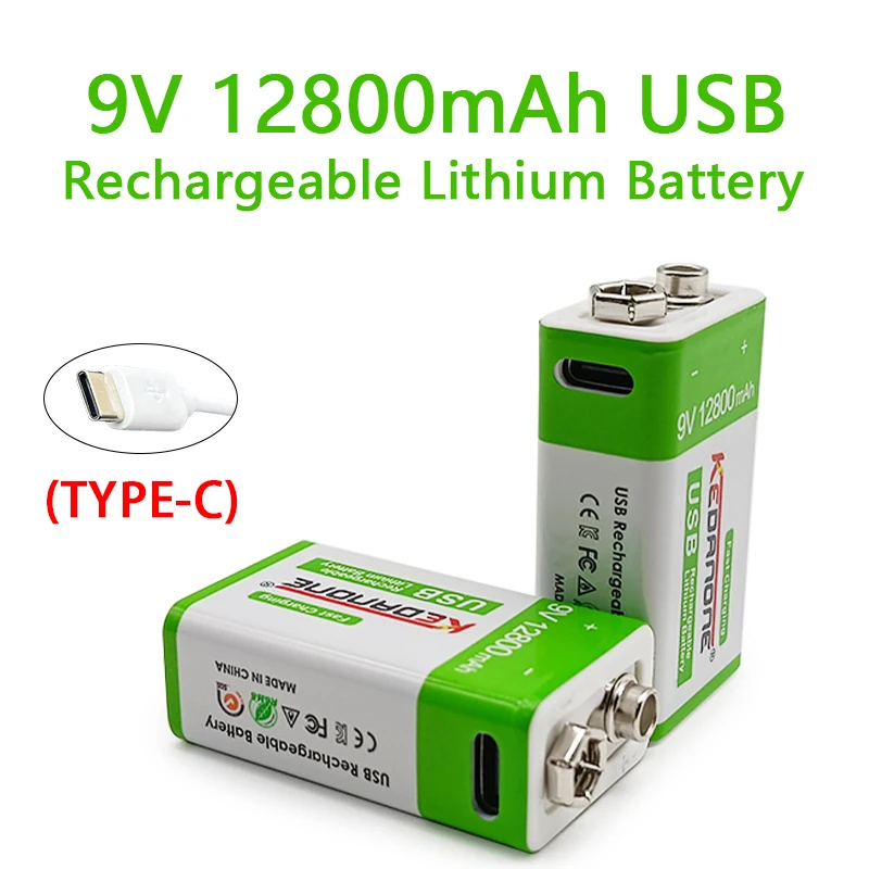 

9V 12800mAh 6F22 Lithium Rechargeable Battery USB Charging For Toy Remote Control RC KTV Multimeter Microphone Guitar Helicopter