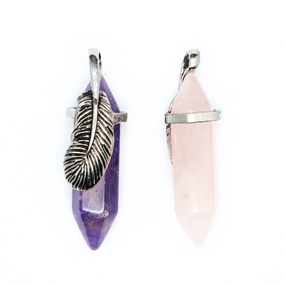 

Mineraali Natural Amethyst Rose Quartz Gem Pointed Pendant Necklace Hexagonal Crystal Pillar Feather Healing Reiki Charm Jewelry