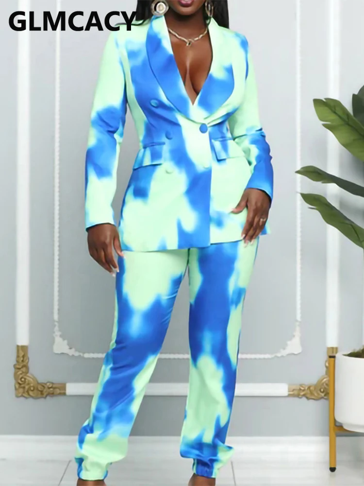

Women Two Piece Tie Dye Blazer Set Long Sleeve Shawl Collar Blazer Jacket & Slim Pants Set